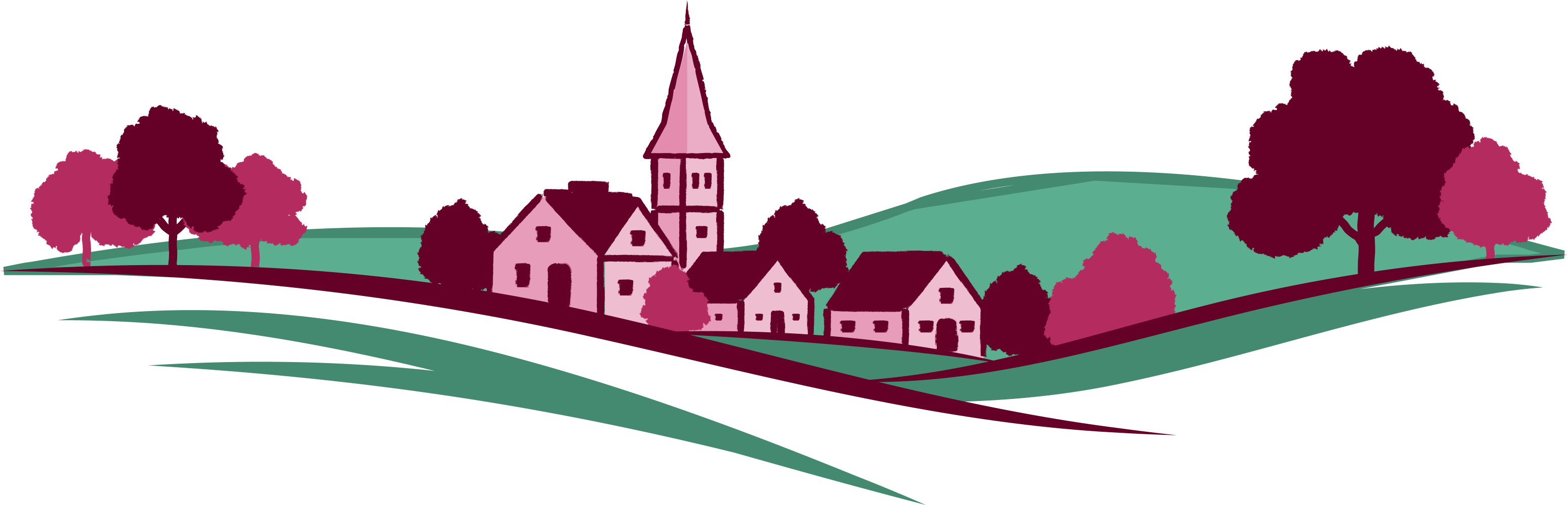 Illustratie van een dorpsgezicht met huizen, kerk en bomen